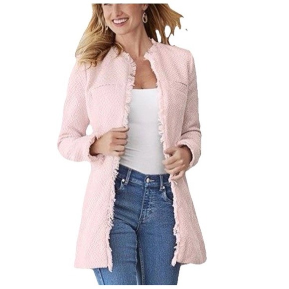 Venus Women's Tweed Fringe Coat‎ Jacket Pale Pink Size 4 Open Front Lined Blazer - Picture 13 of 15